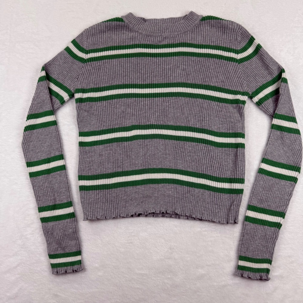 BP Gray Green Striped Ribbed Knit Sweater Womens Small Crew Neck Lettuce Hem